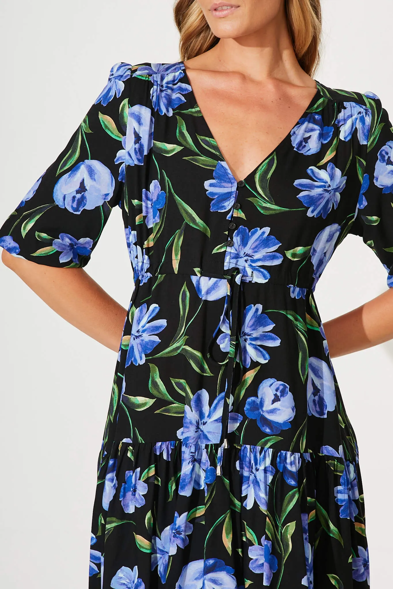 Nicolette Dress In Black With Blue Floral sold by St Frock product image thumbnail 5