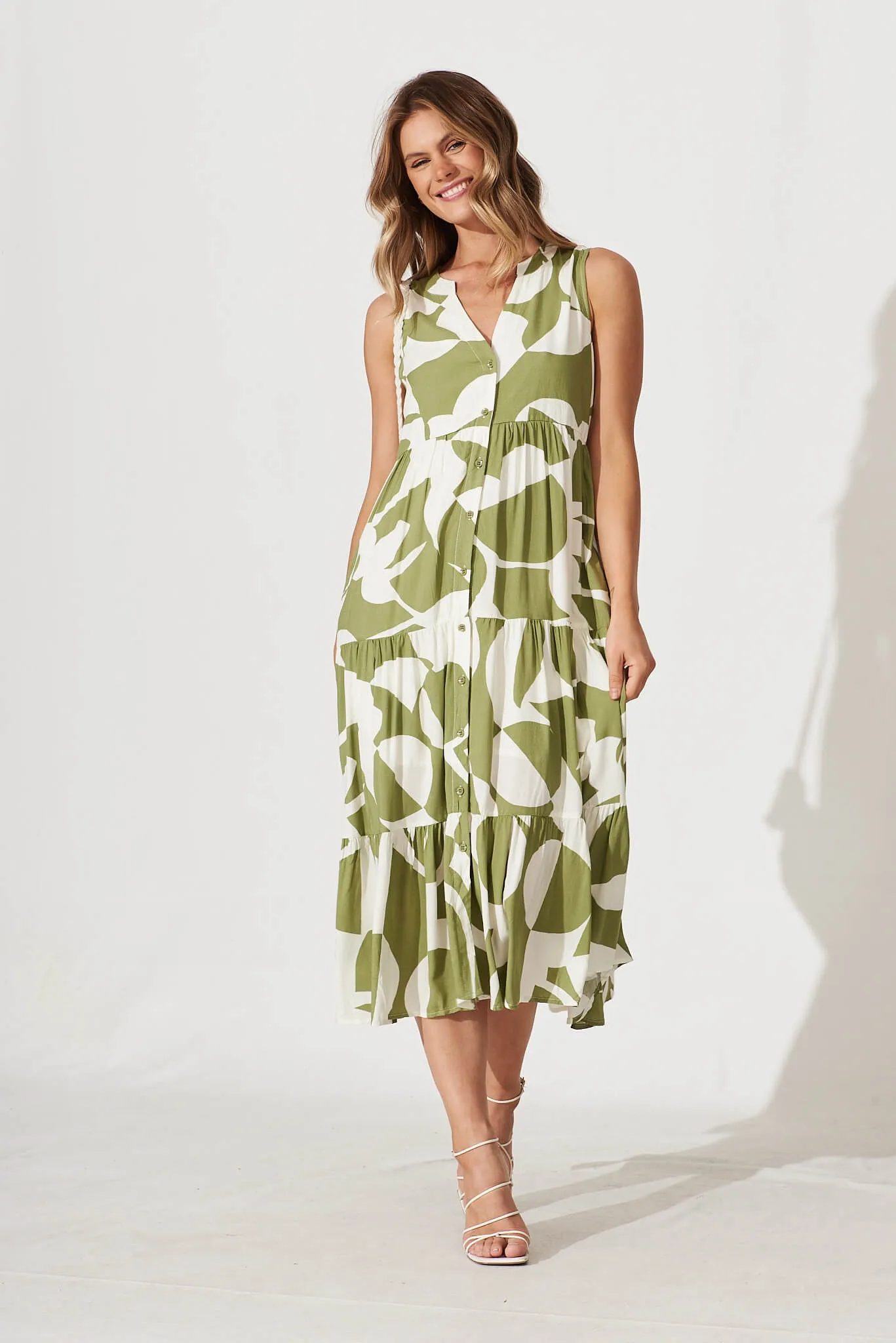 Clover Midi Smock Dress In Olive And Cream Geometric Print sold by St Frock