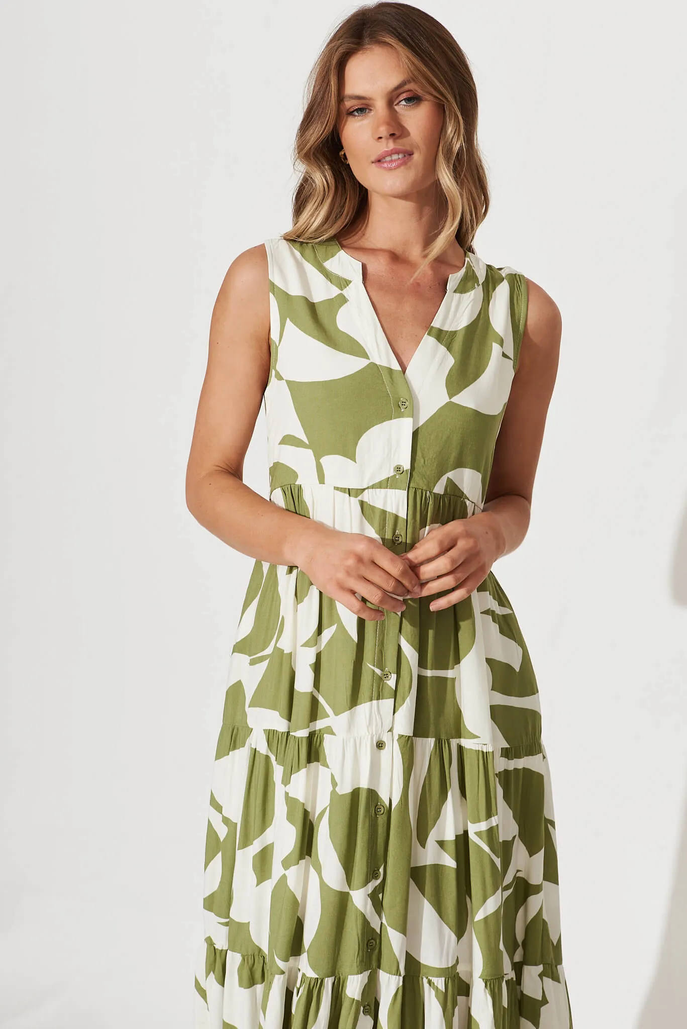 Clover Midi Smock Dress In Olive And Cream Geometric Print sold by St Frock product image thumbnail 2