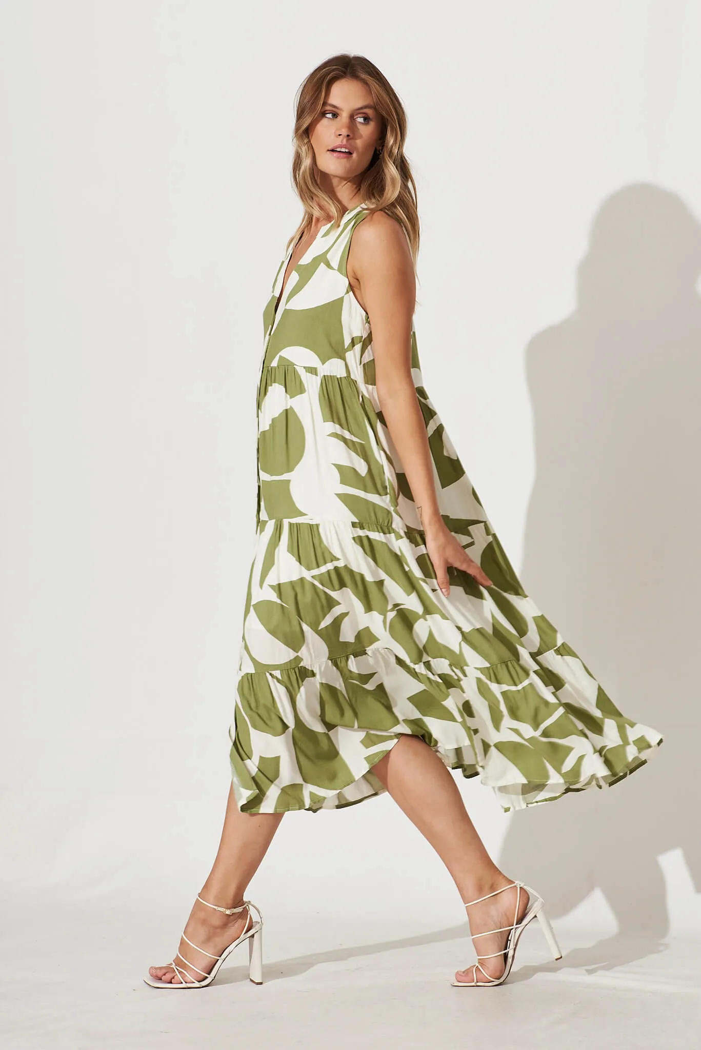 Clover Midi Smock Dress In Olive And Cream Geometric Print sold by St Frock product image thumbnail 3