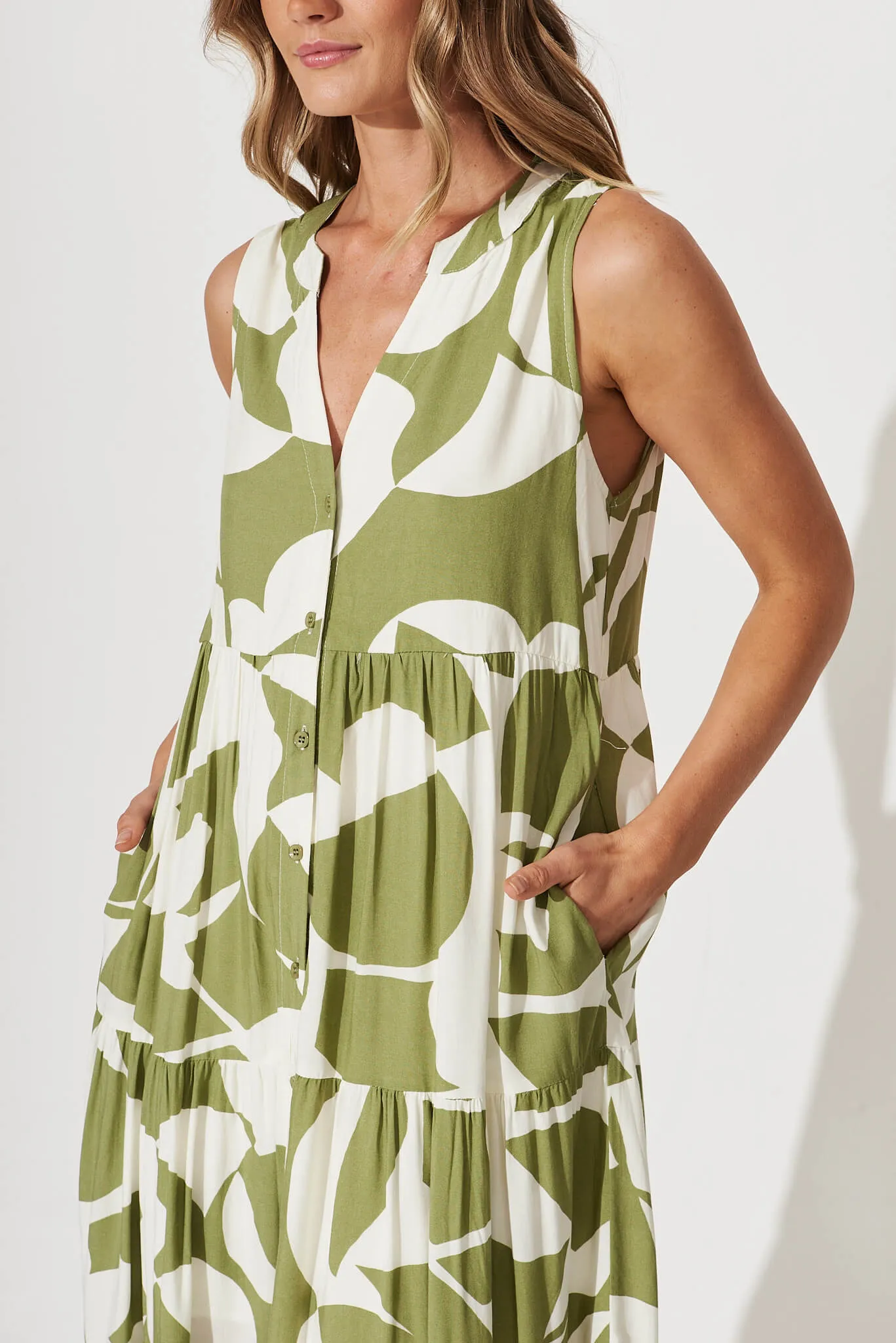 Clover Midi Smock Dress In Olive And Cream Geometric Print sold by St Frock product image thumbnail 5