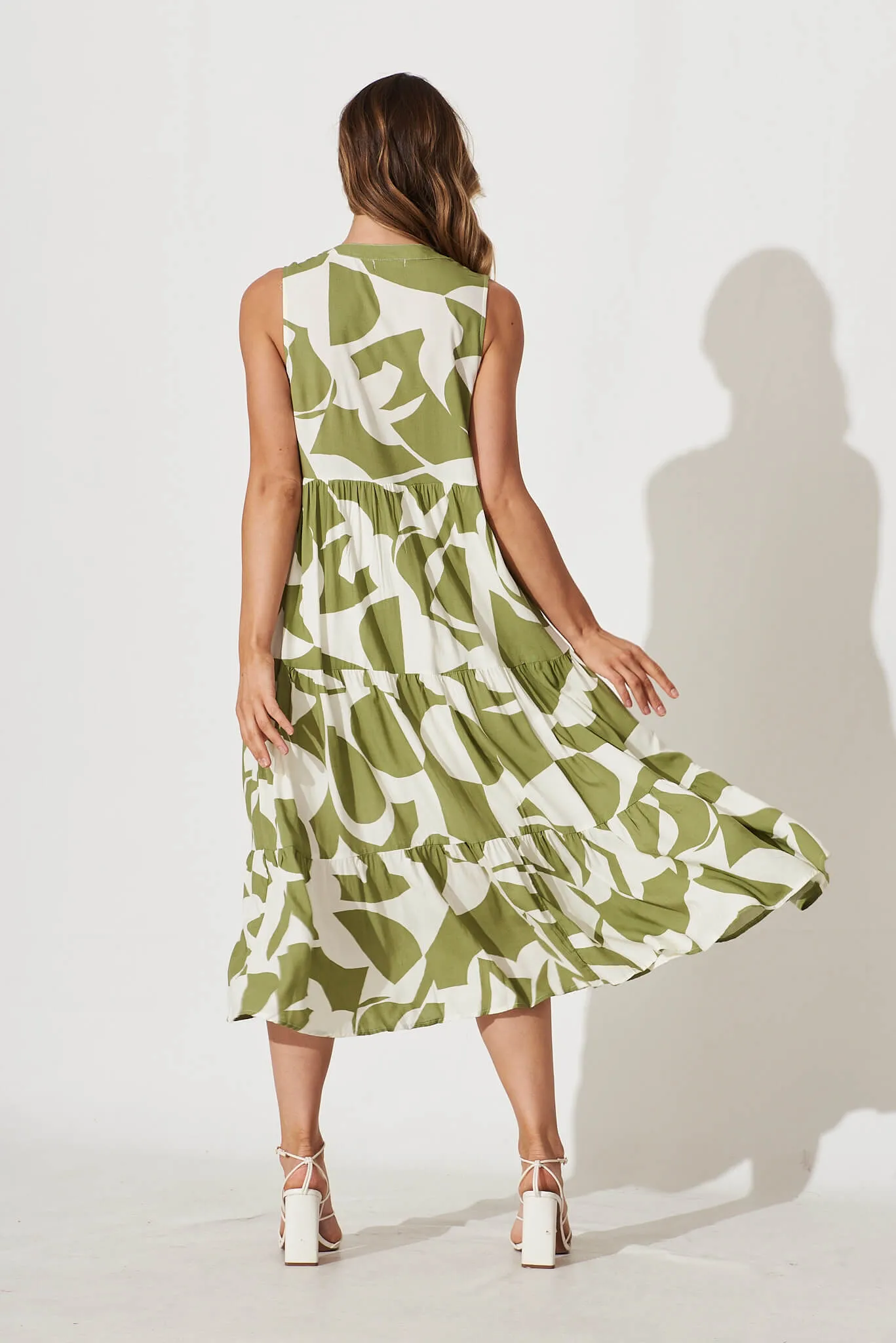 Clover Midi Smock Dress In Olive And Cream Geometric Print sold by St Frock product image thumbnail 4