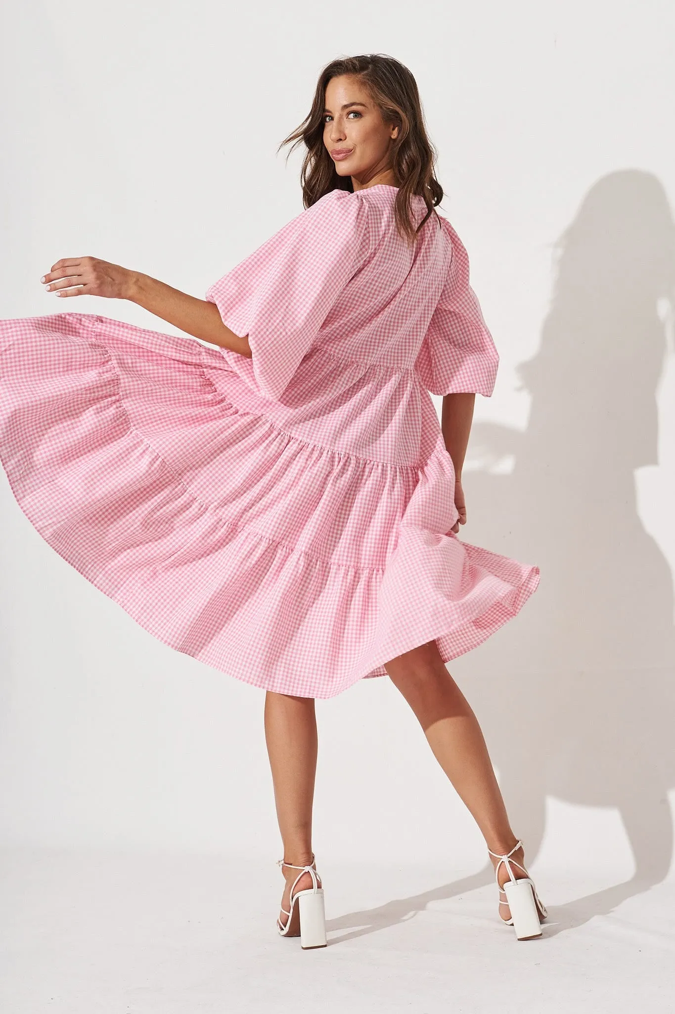 Kehlana Tiered Smock Dress In Pink With White Gingham sold by St Frock product image thumbnail 4