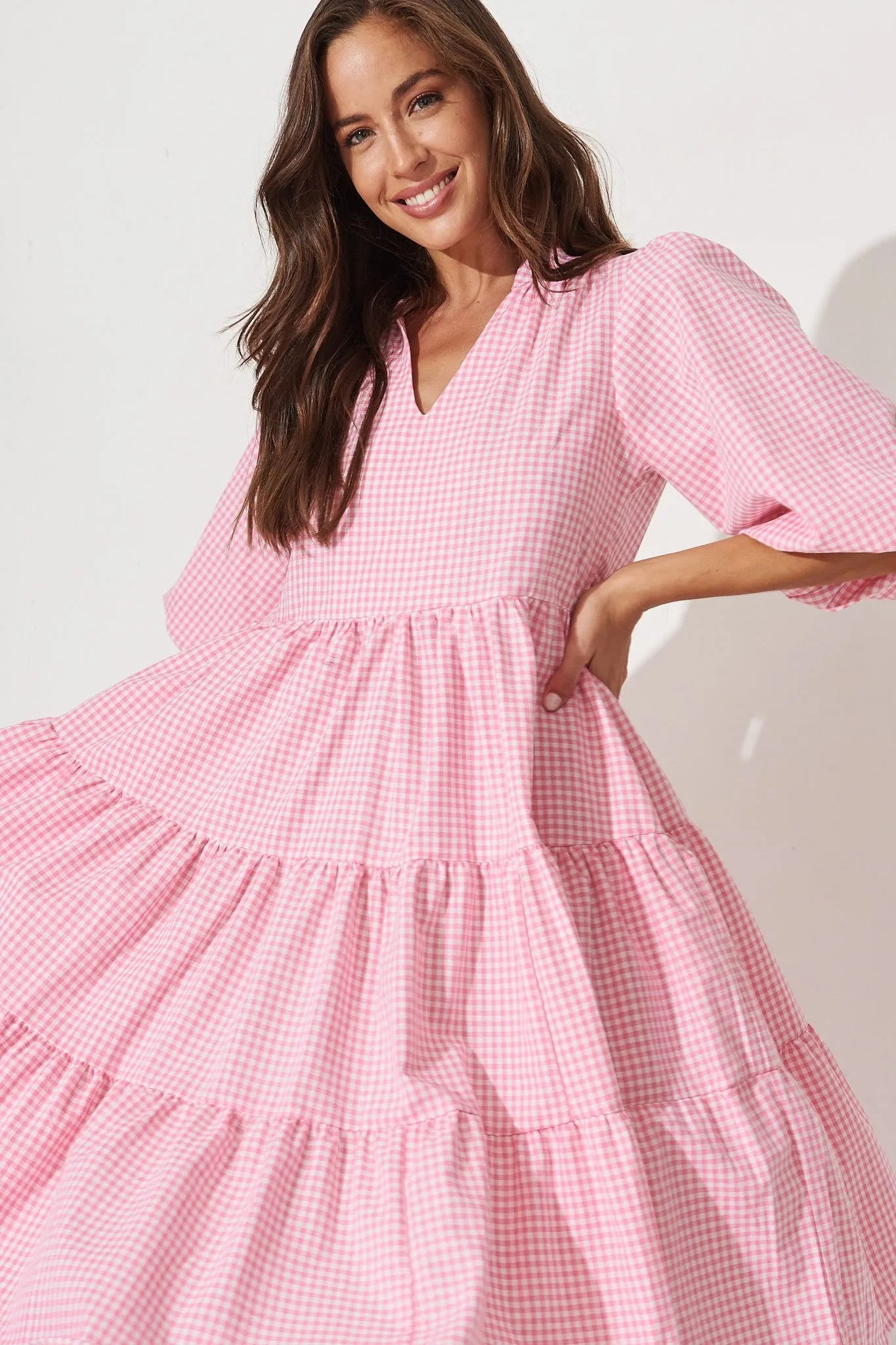 Kehlana Tiered Smock Dress In Pink With White Gingham sold by St Frock product image thumbnail 2