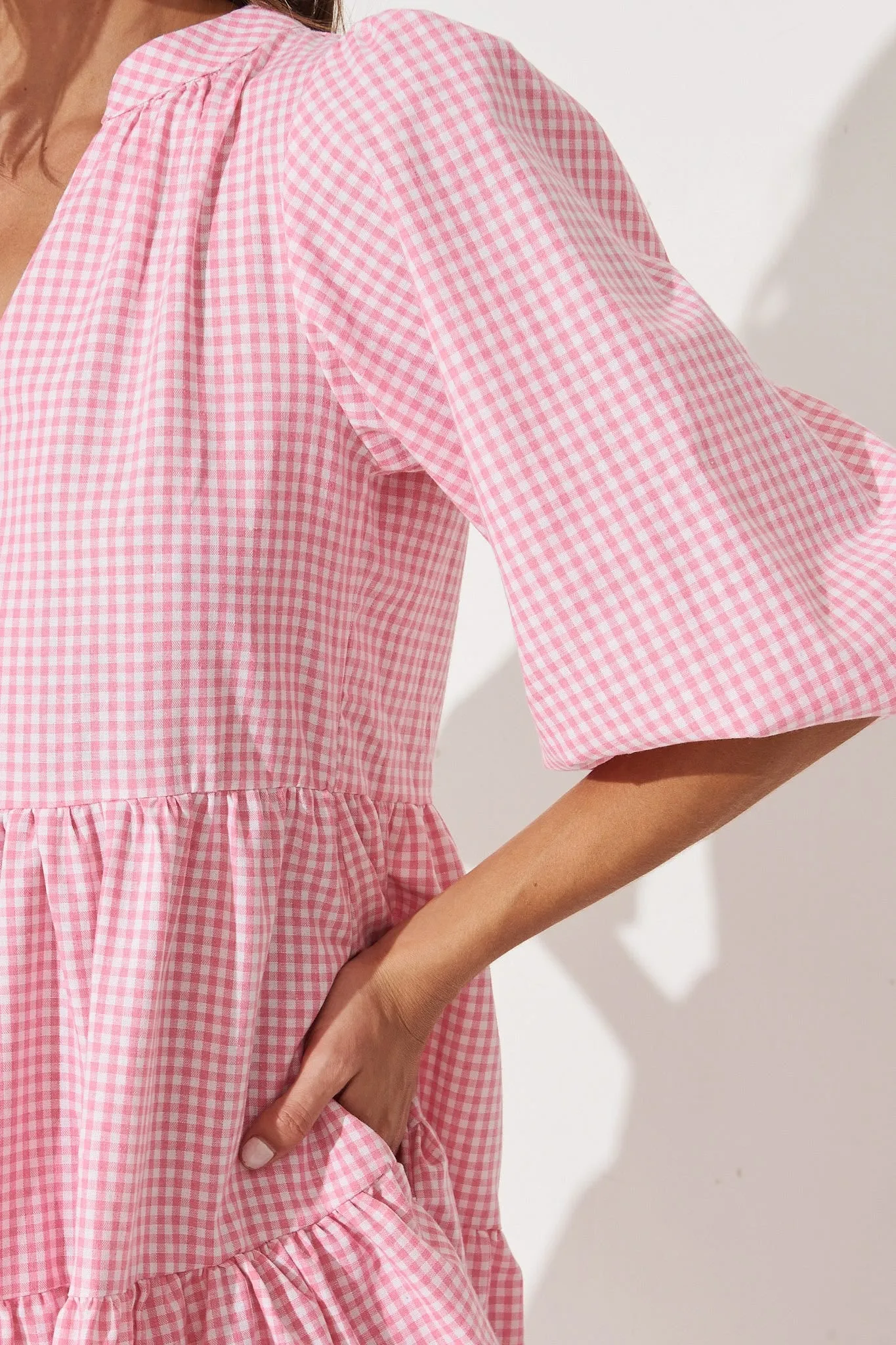 Kehlana Tiered Smock Dress In Pink With White Gingham sold by St Frock product image thumbnail 5
