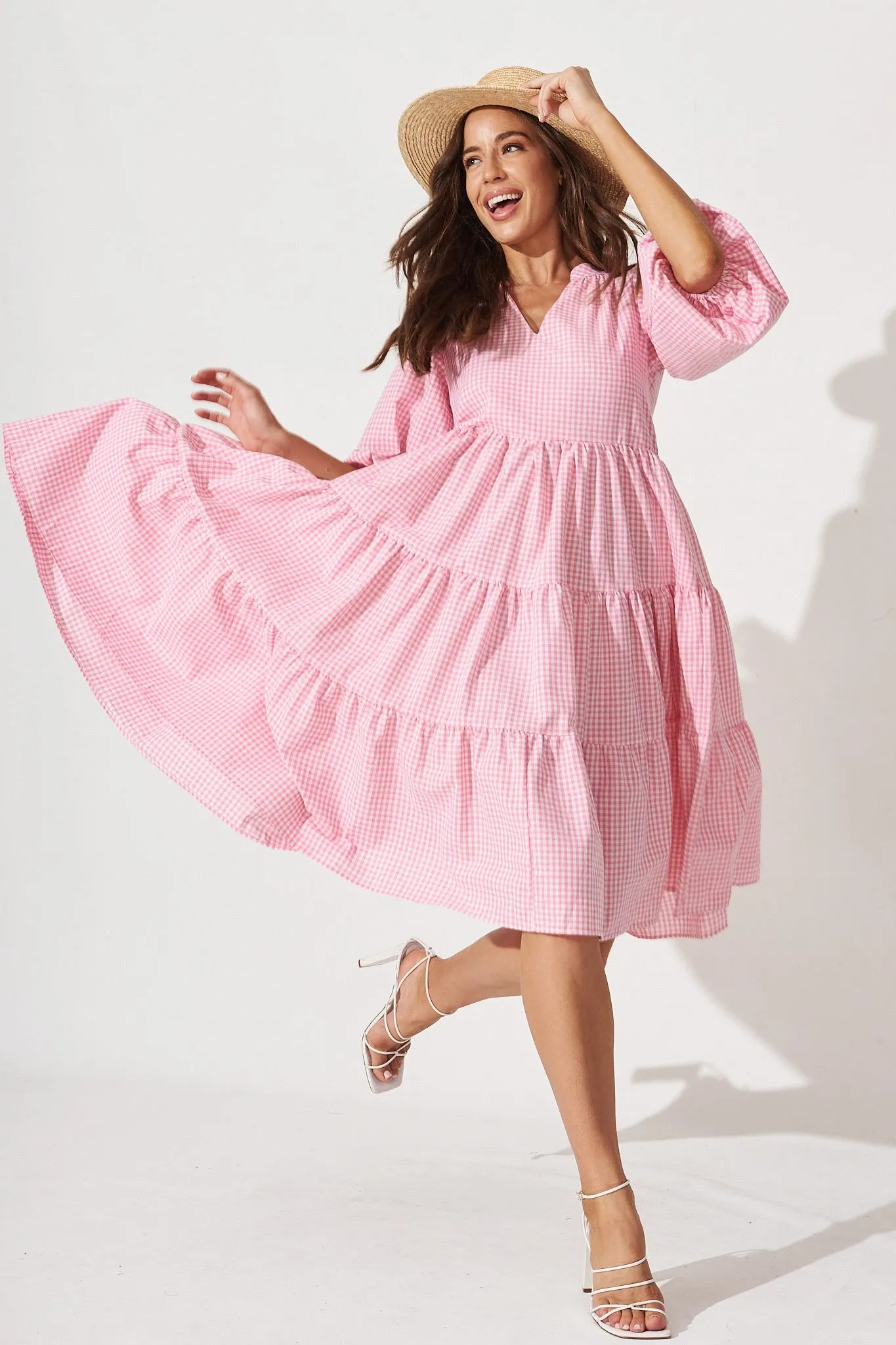 Kehlana Tiered Smock Dress In Pink With White Gingham sold by St Frock