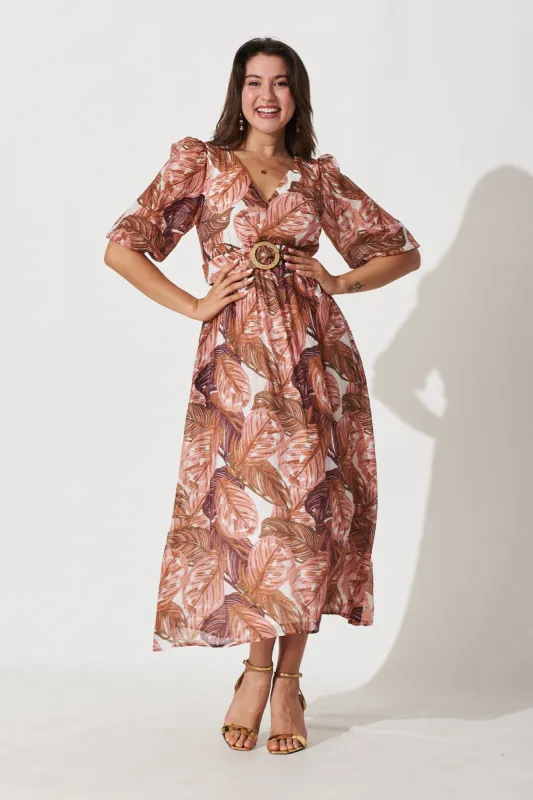 Adrina Maxi Dress In White With Blush Leaf Print sold by St Frock