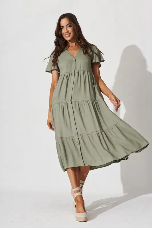 Marvela Midi Shirt Dress In Khaki Linen Blend sold by St Frock