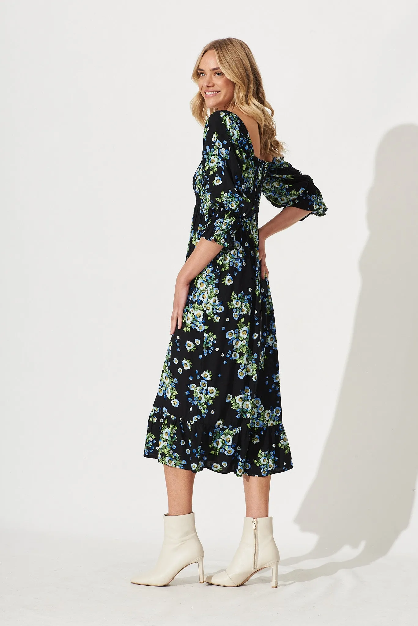 Amiee Midi Dress In Black With Blue Floral sold by St Frock product image thumbnail 4