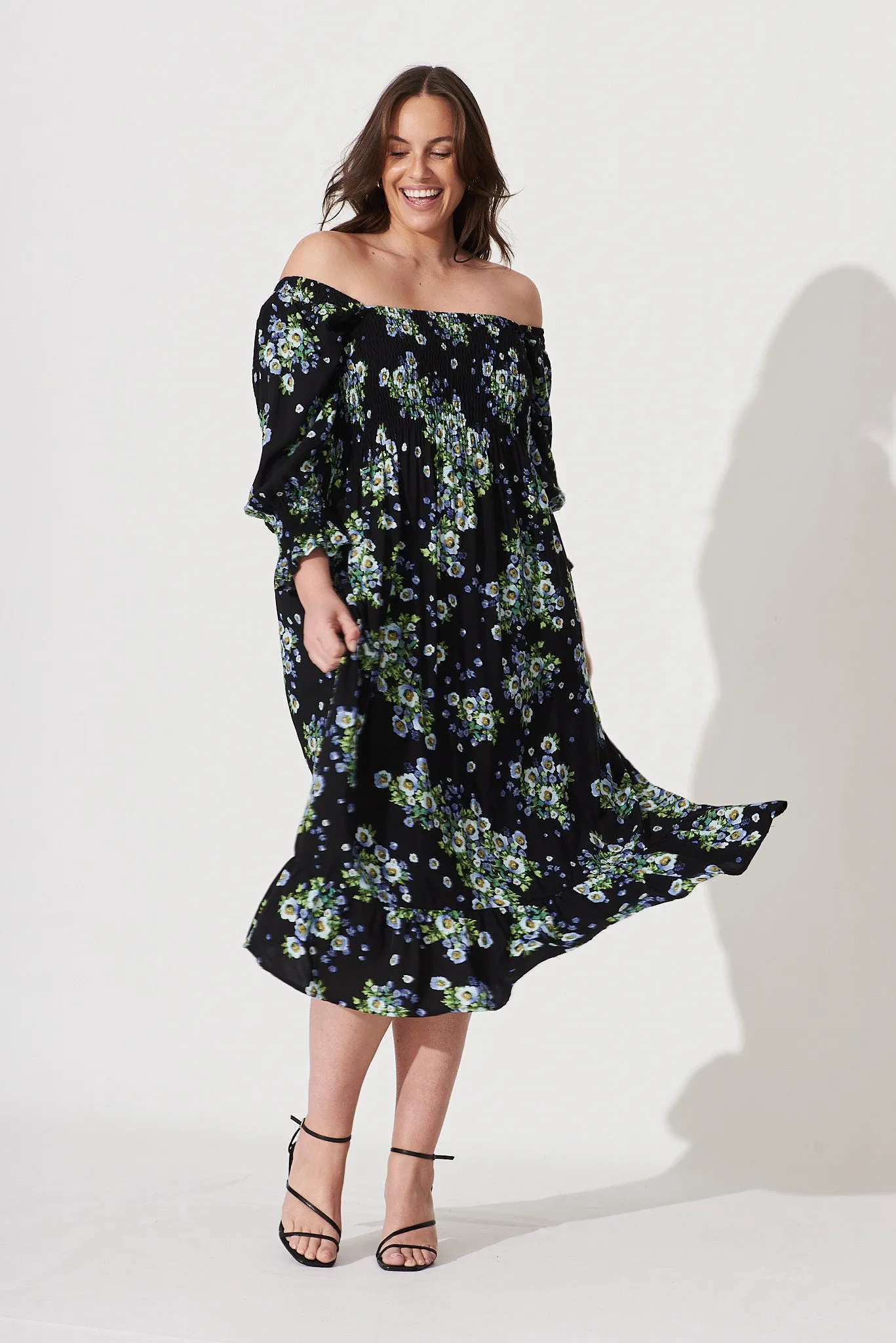 Amiee Midi Dress In Black With Blue Floral sold by St Frock product image thumbnail 2