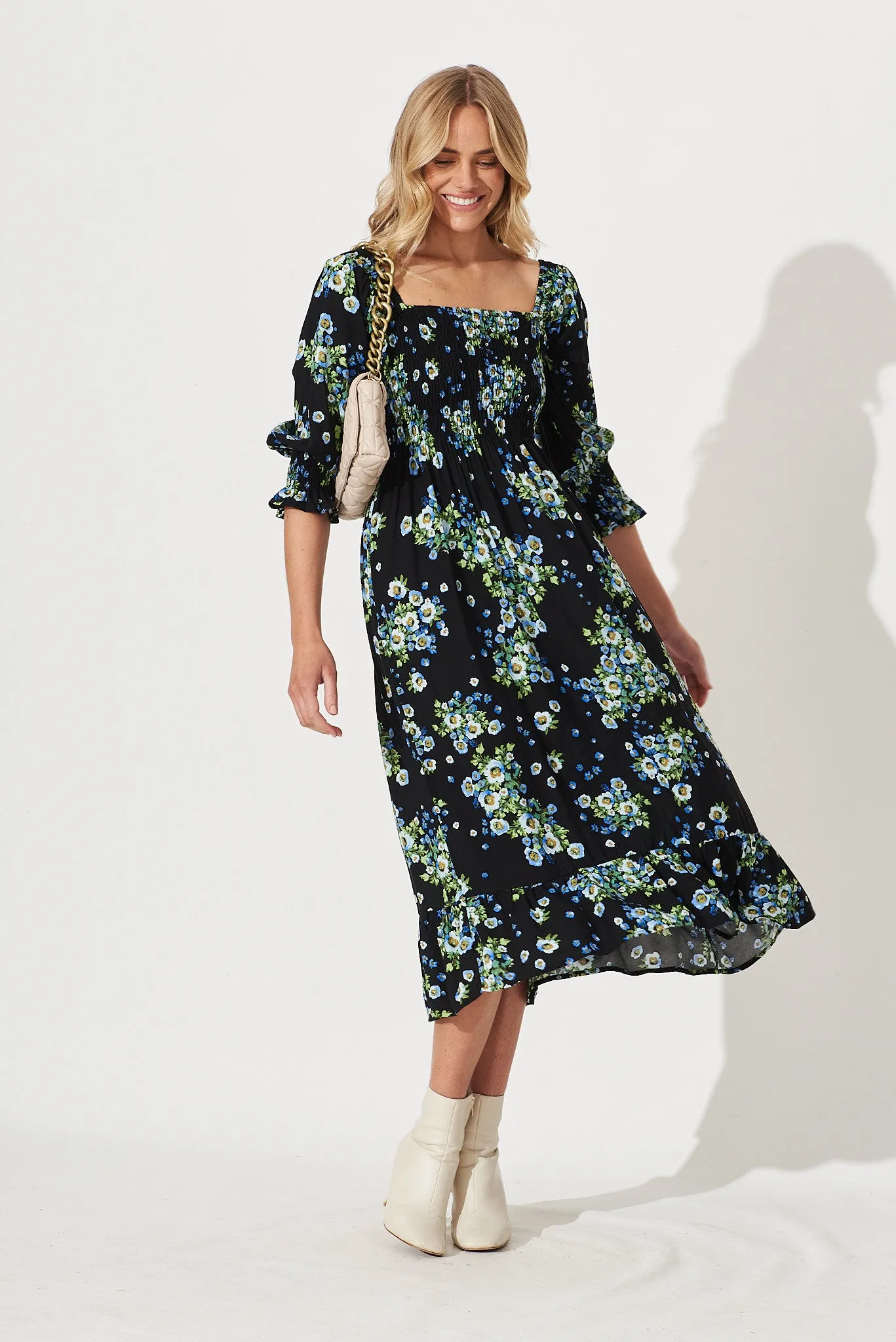Amiee Midi Dress In Black With Blue Floral sold by St Frock