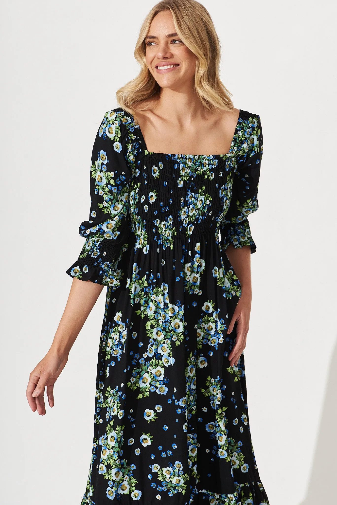 Amiee Midi Dress In Black With Blue Floral sold by St Frock product image thumbnail 3