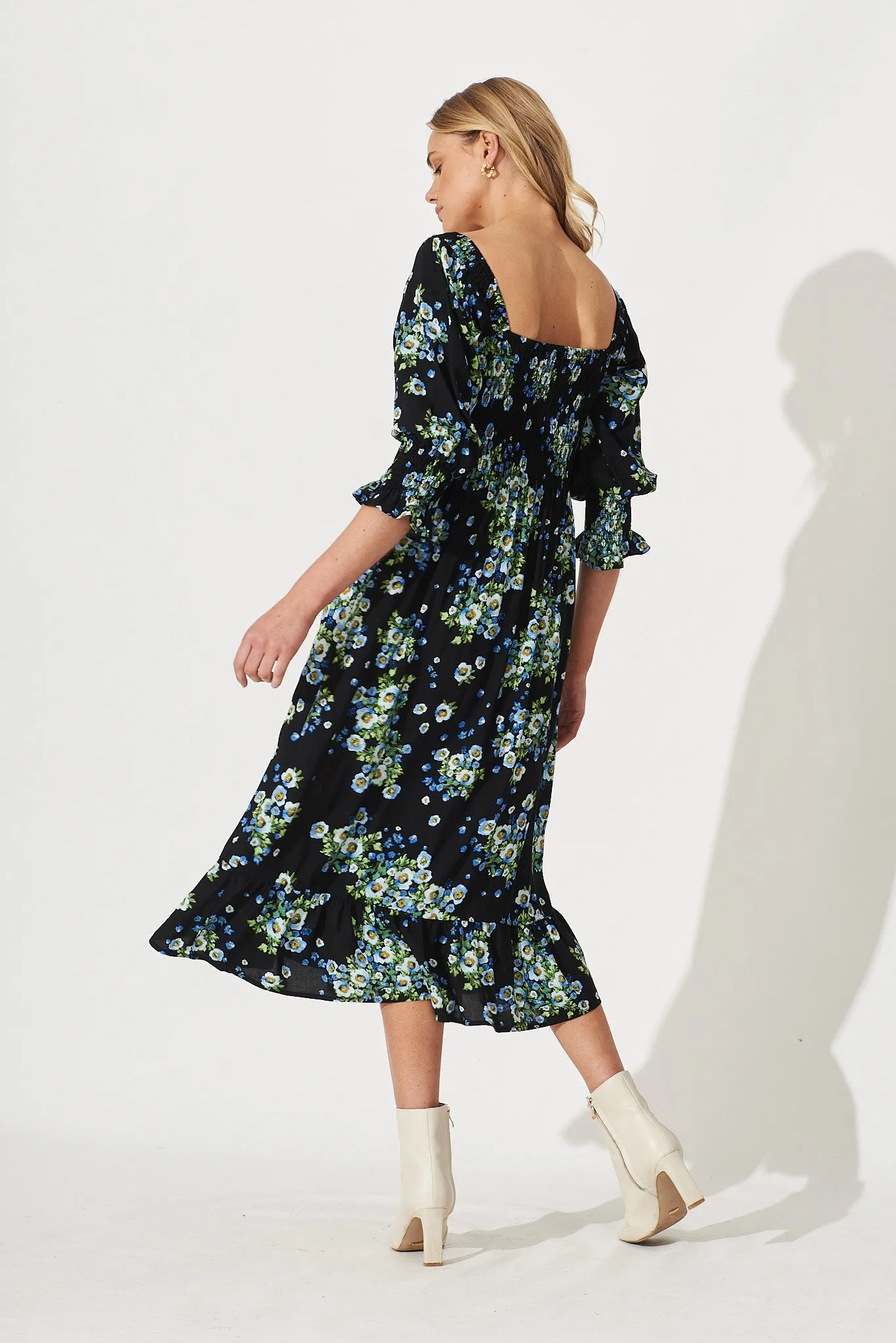 Amiee Midi Dress In Black With Blue Floral sold by St Frock product image thumbnail 5