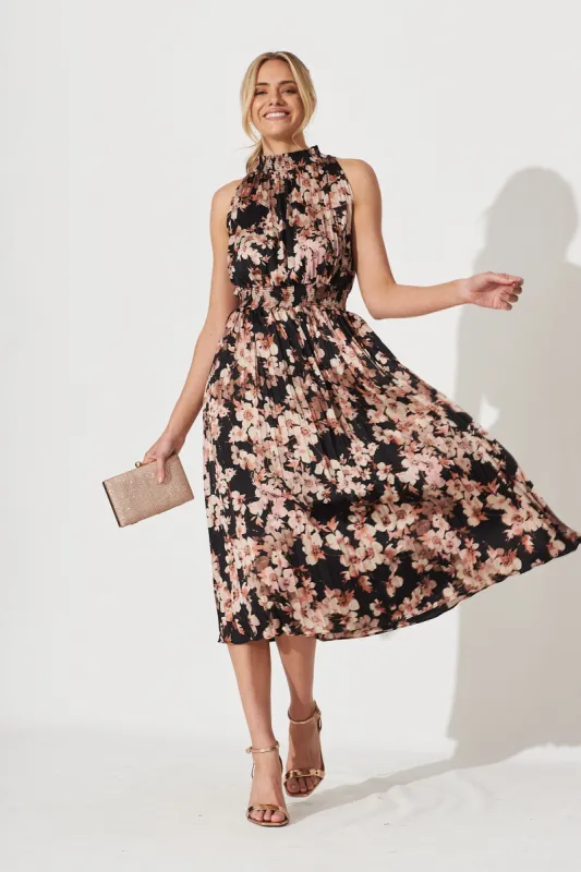 Simmie Midi Dress In Black With Apricot Floral sold by St Frock