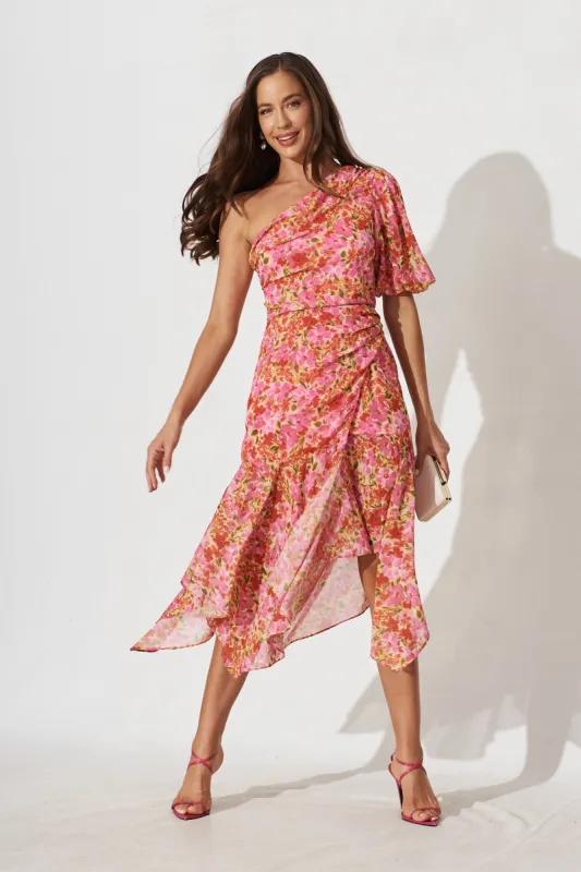 Milan Midi Dress In Pink With Red Floral sold by St Frock