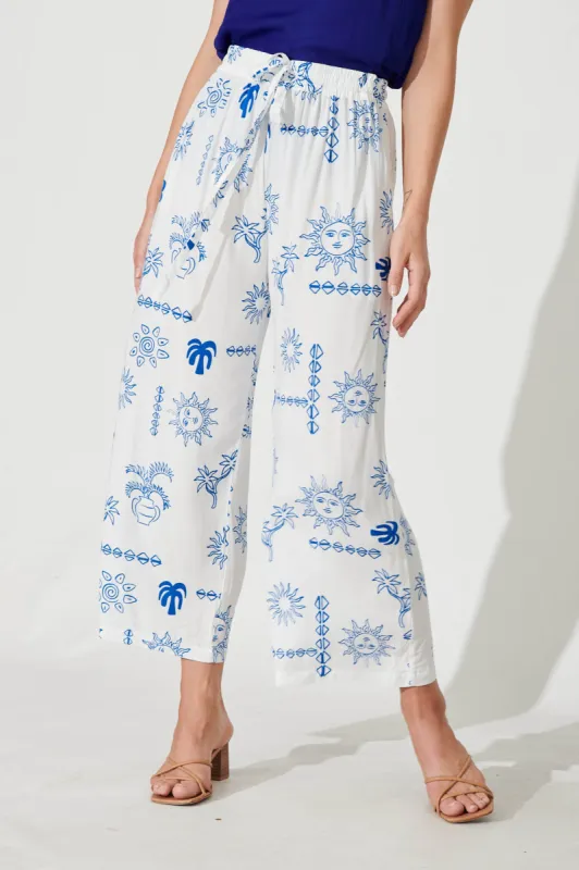 Castaway Pant In White With Blue Sun Print sold by St Frock
