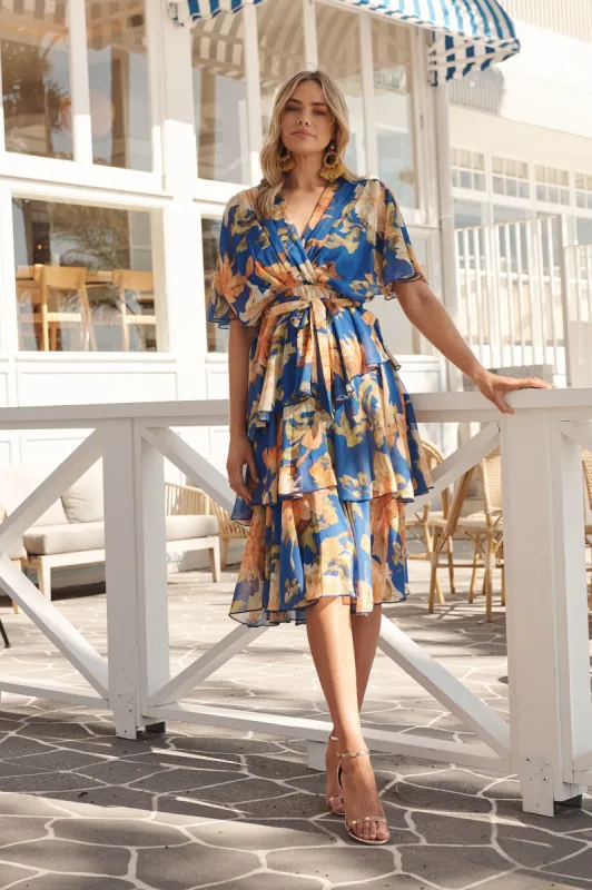 Mindy Midi Dress In Cobalt Blue With Apricot Floral Chiffon sold by St Frock