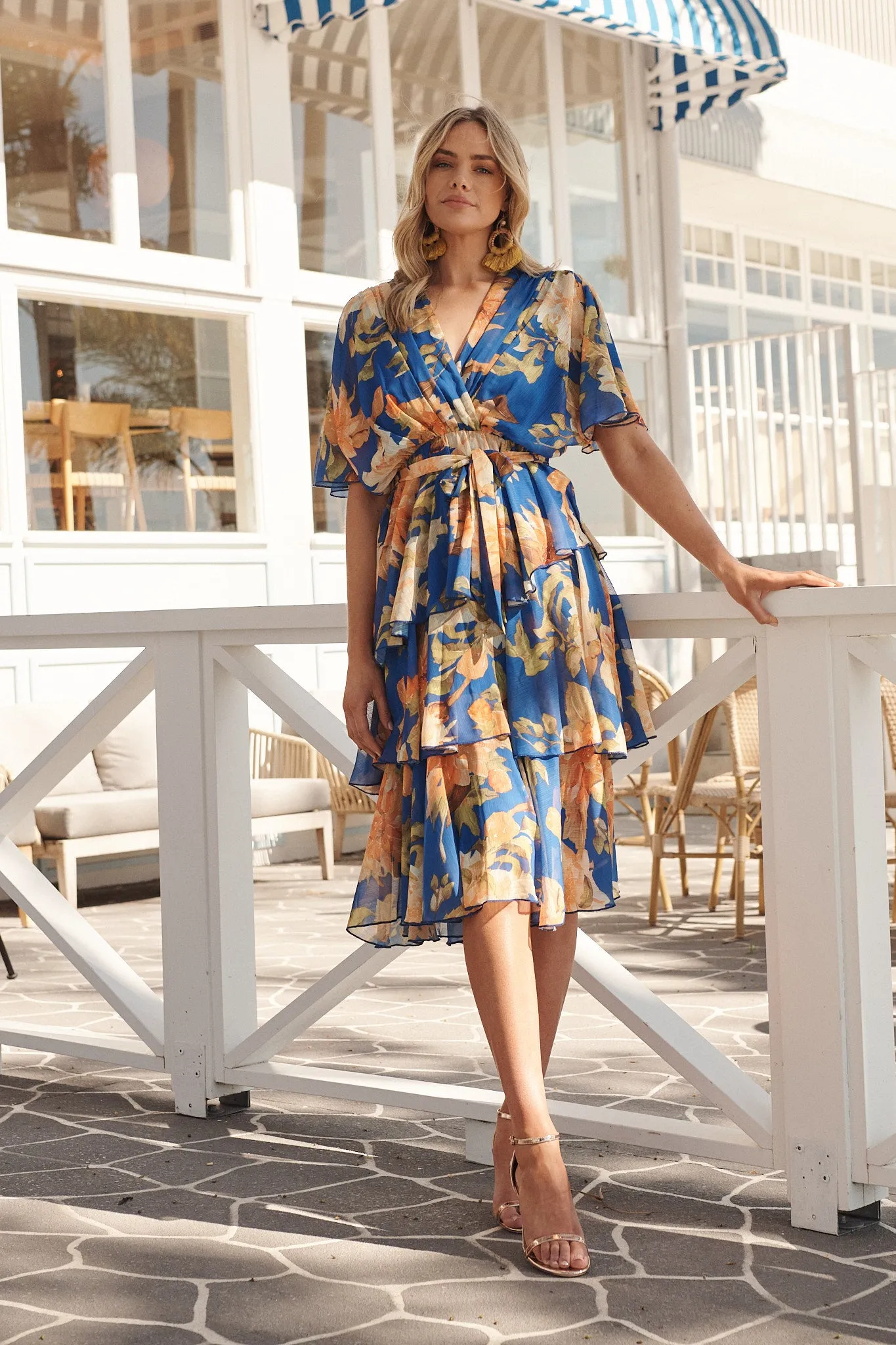 Mindy Midi Dress In Cobalt Blue With Apricot Floral Chiffon sold by St Frock