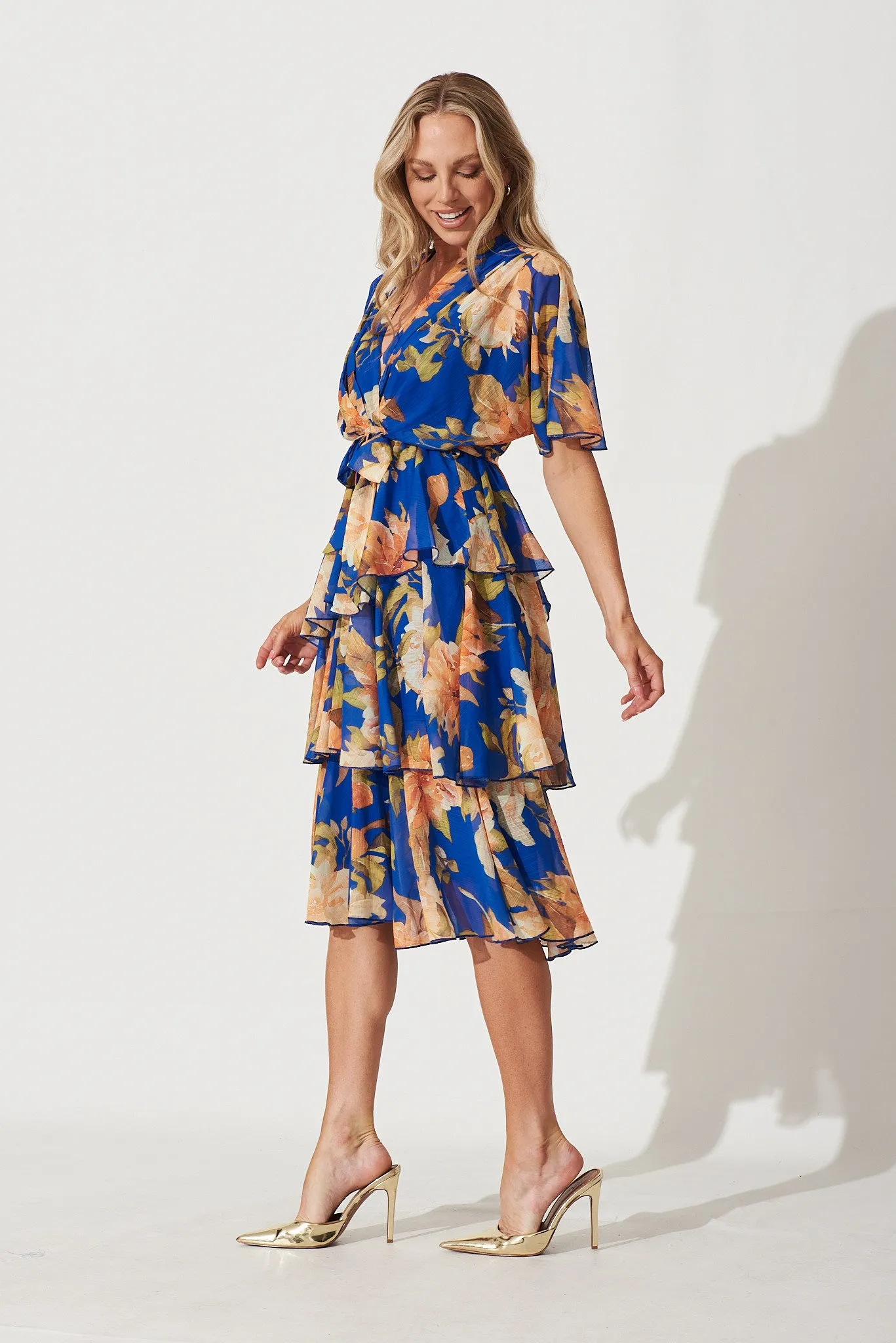 Mindy Midi Dress In Cobalt Blue With Apricot Floral Chiffon sold by St Frock product image thumbnail 2