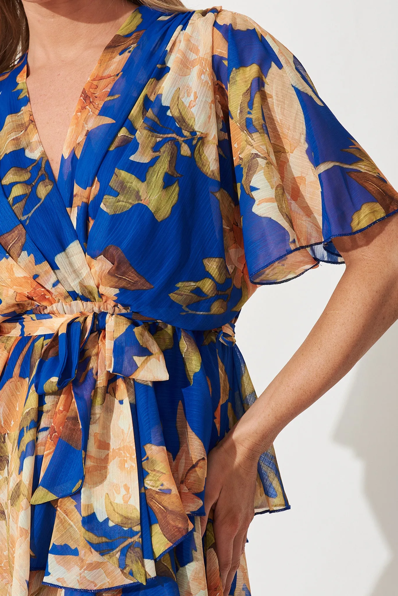 Mindy Midi Dress In Cobalt Blue With Apricot Floral Chiffon sold by St Frock product image thumbnail 4