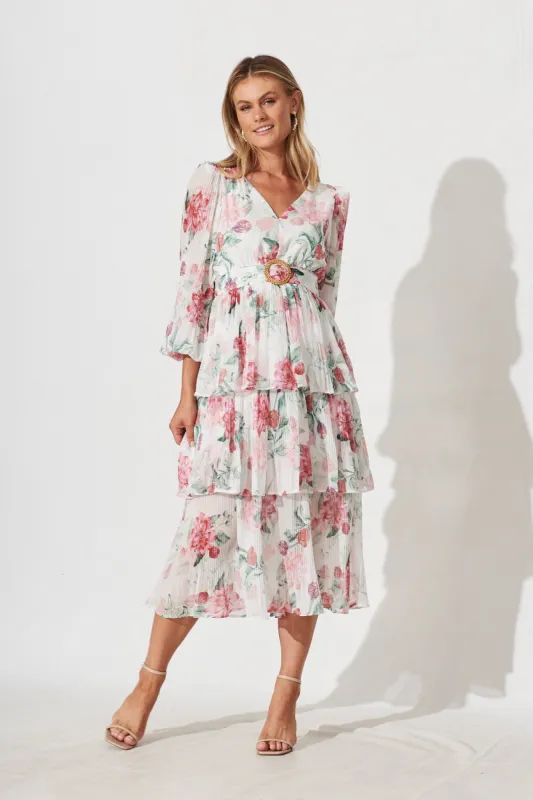 Elisa Midi Dress In White With Pink Floral Chiffon sold by St Frock