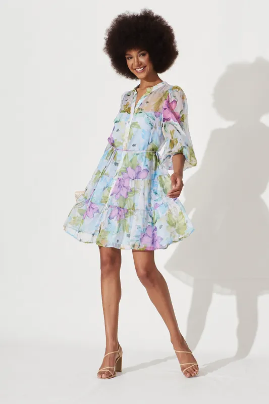 Harmonia Shirt Dress In Blue With Lilac Floral Print Chiffon sold by St Frock