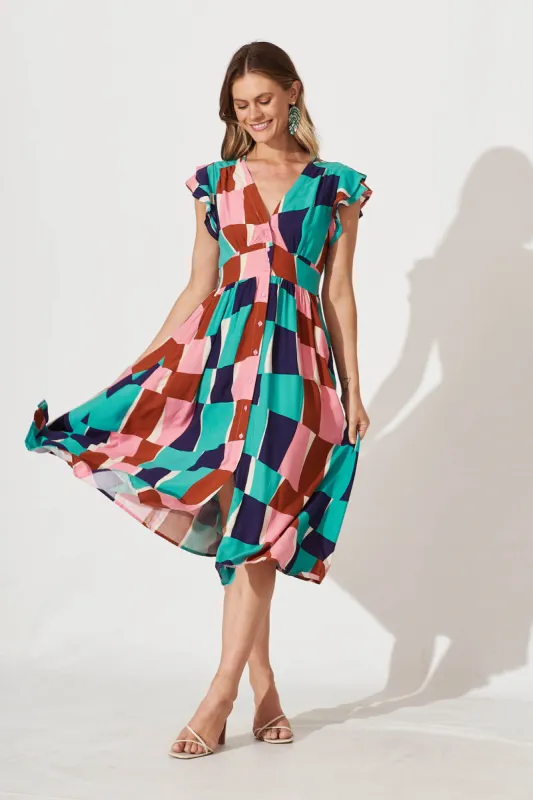 Rita Midi Dress In Multi Abstract Squares Print sold by St Frock