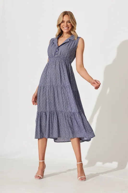 Delfino Midi Dress In Navy With White Geometric Print sold by St Frock