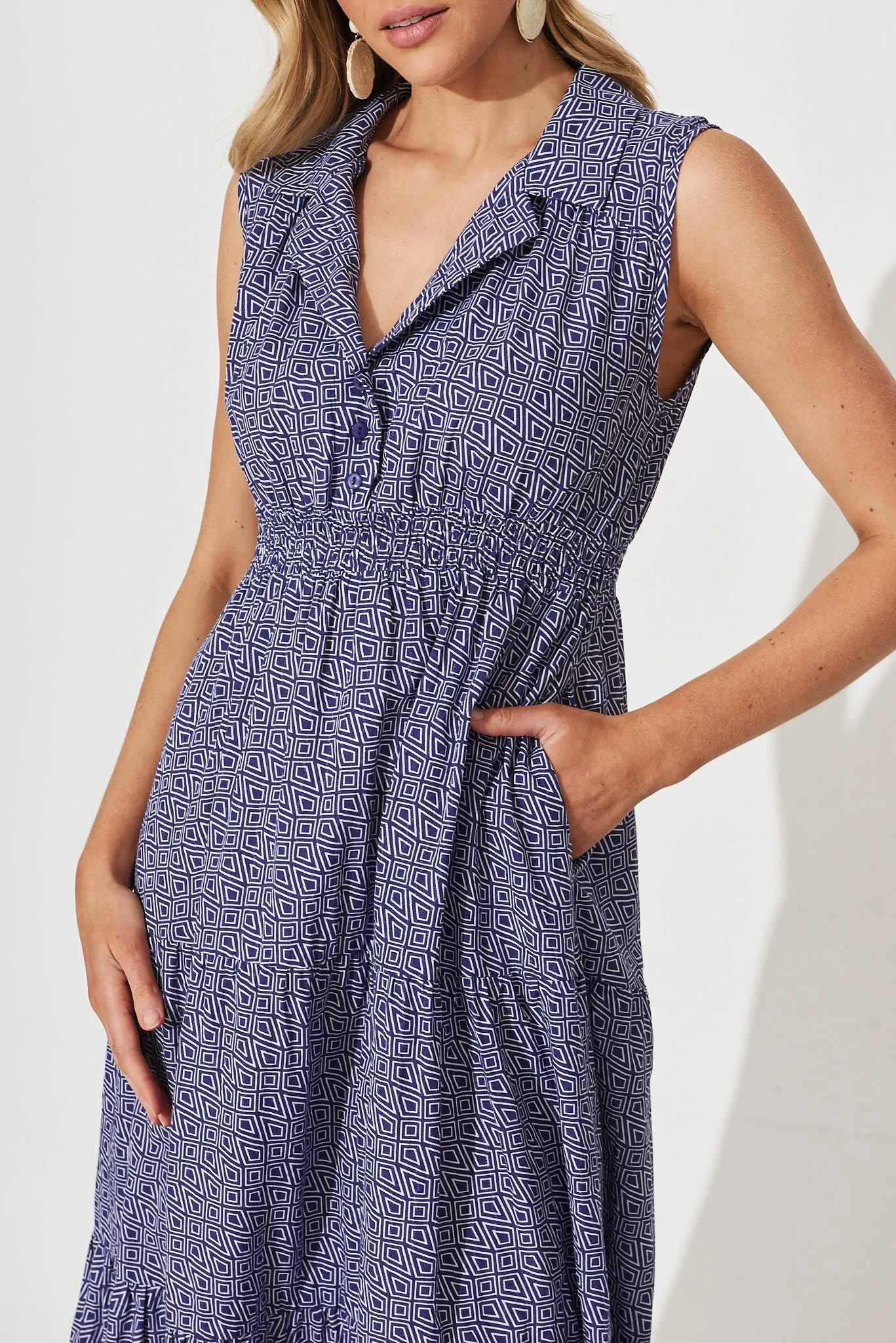 Delfino Midi Dress In Navy With White Geometric Print sold by St Frock product image thumbnail 5