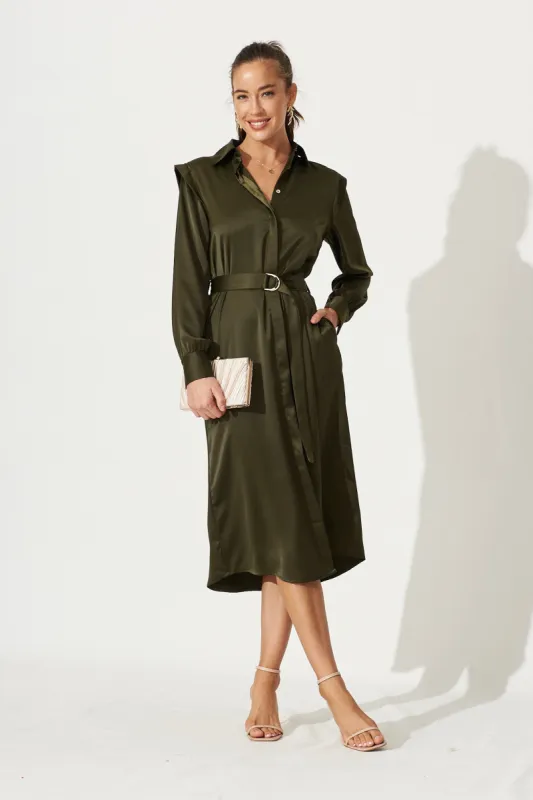 Toulouse Midi Shirt Dress In Khaki Satin sold by St Frock