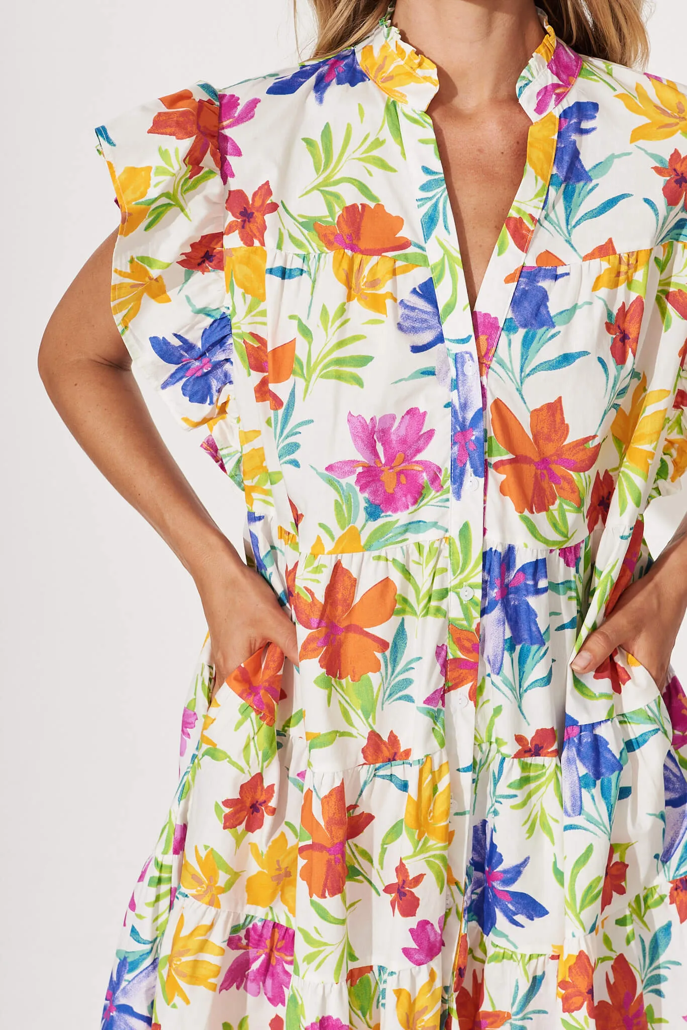 Sarita Smock Dress In White With Bright Floral Print Cotton sold by St Frock product image thumbnail 5