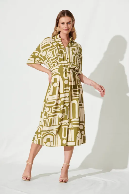 Miriam Maxi Shirt Dress In Cream And Olive Abstract Linen Blend sold by St Frock