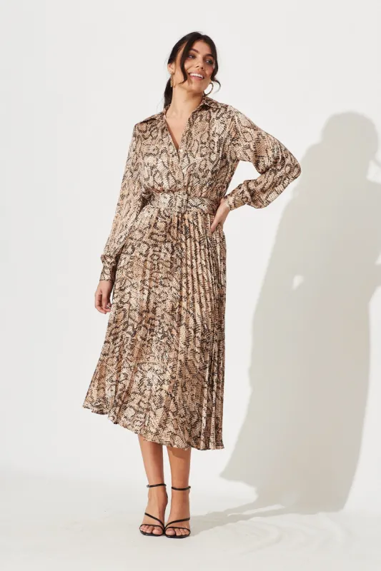Cyrus Midi Dress In Brown Snake Print Satin sold by St Frock