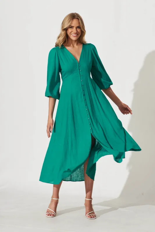 Mercy Midi Dress In Teal Linen Blend sold by St Frock