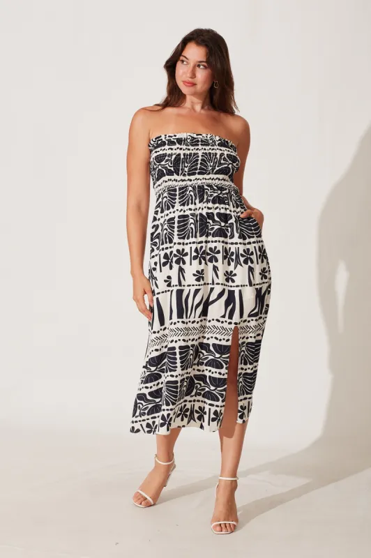 Vergara Midi Strapless Dress In White And Navy Print sold by St Frock
