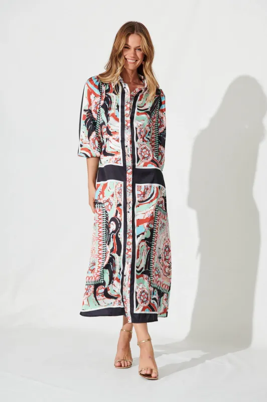 Gabi Maxi Shirt Dress In Black Multi Print Satin sold by St Frock