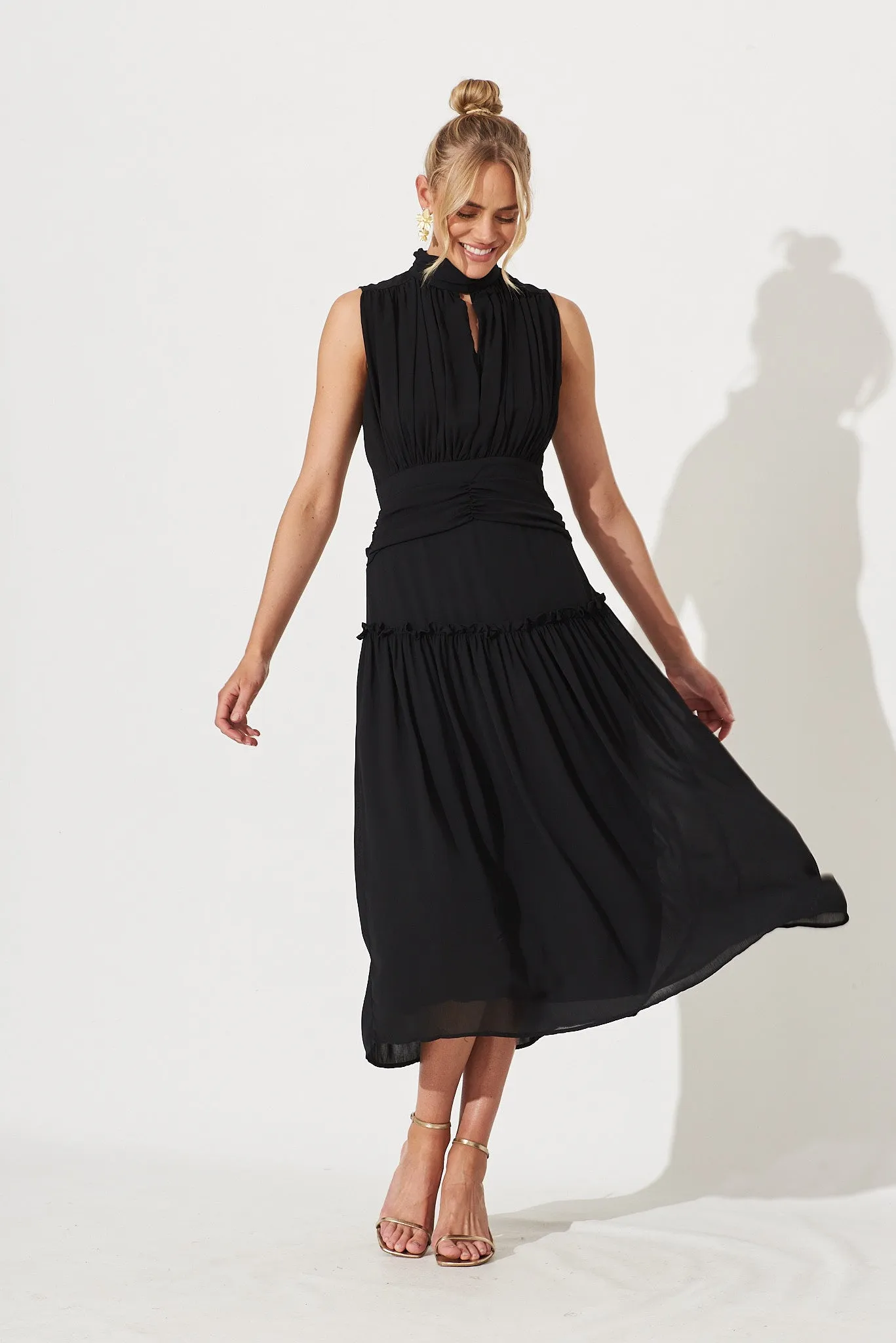 Roxanna Midi Dress In Black Chiffon sold by St Frock