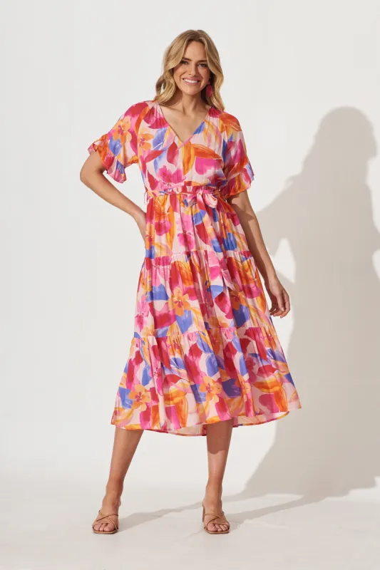 Orla Midi Dress In Bright Pink With Blue Floral sold by St Frock