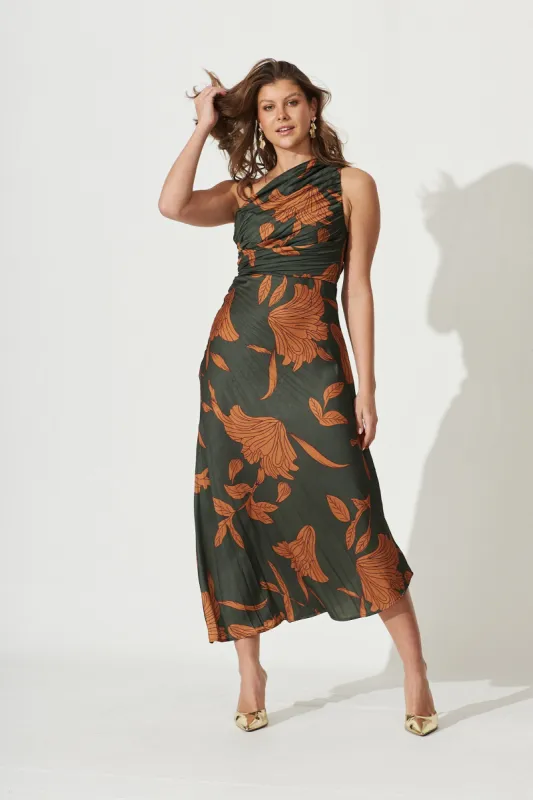 PRE ORDER Toulon One Shoulder Maxi Dress In Khaki With Rust Leaf Print Pleated Satin sold by St Frock