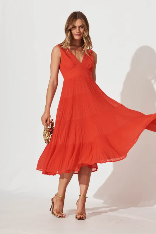 Naomi Midi Dress In Red Pleated Chiffon sold by St Frock