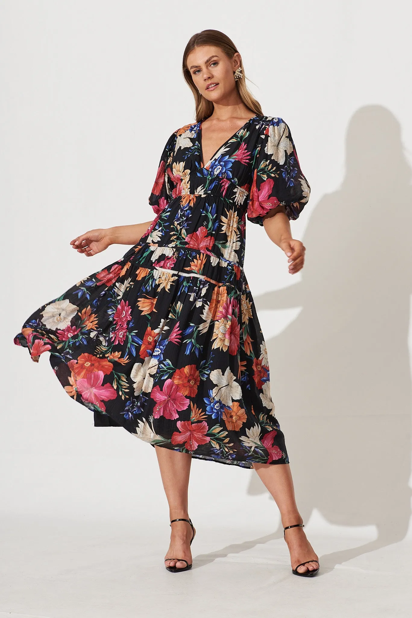 Amalie Midi Dress In Black With Bright Multi Tropical Floral sold by St Frock