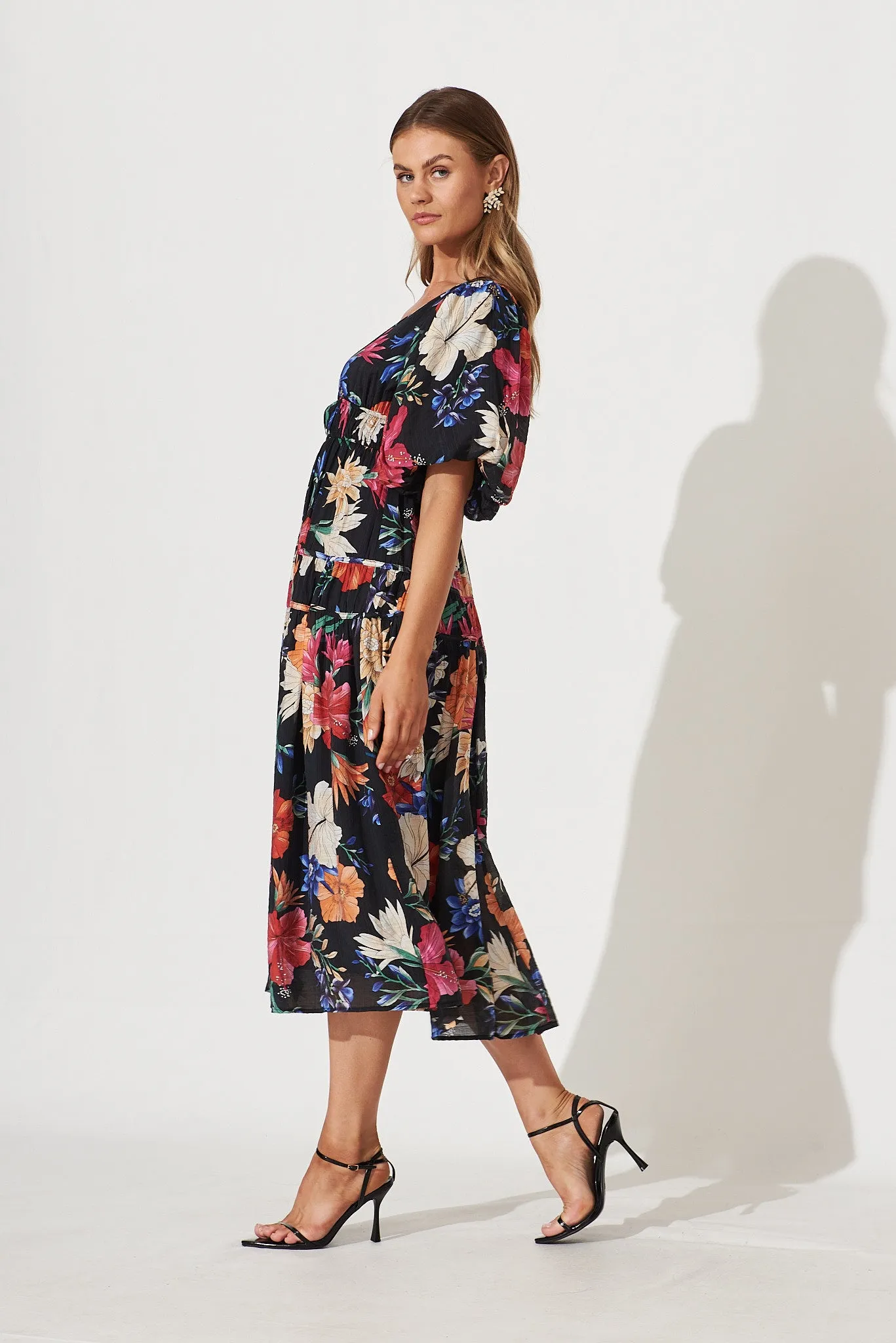Amalie Midi Dress In Black With Bright Multi Tropical Floral sold by St Frock product image thumbnail 3