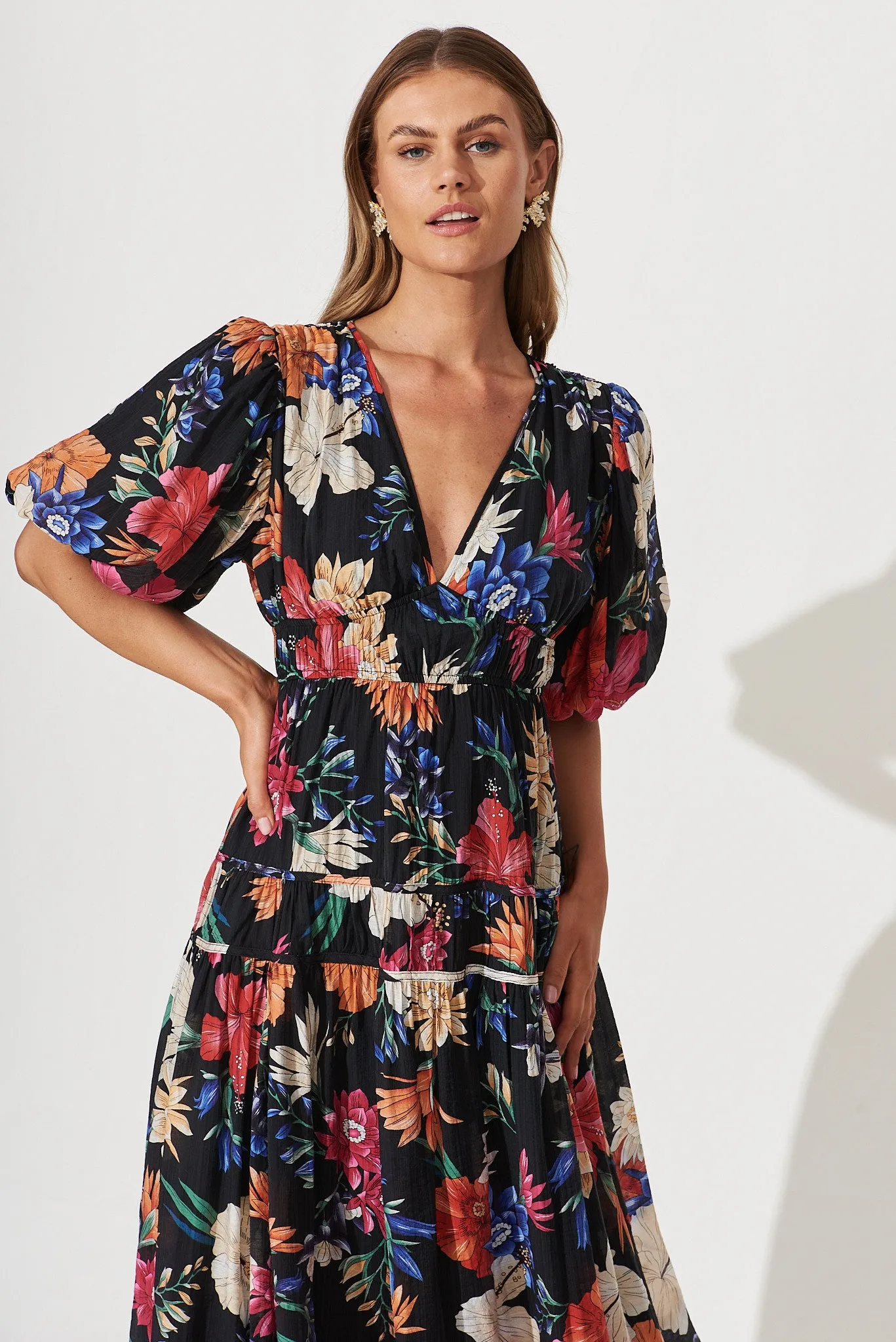Amalie Midi Dress In Black With Bright Multi Tropical Floral sold by St Frock product image thumbnail 2