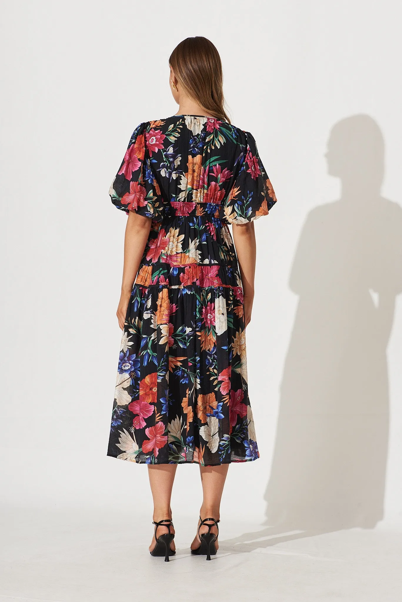 Amalie Midi Dress In Black With Bright Multi Tropical Floral sold by St Frock product image thumbnail 4