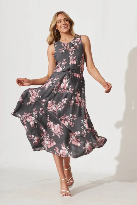 Mayfield Maxi Dress In Khaki With Pink Floral sold by St Frock
