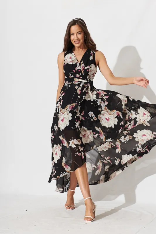 Desiree Maxi Dress In Black Floral Chiffon sold by St Frock