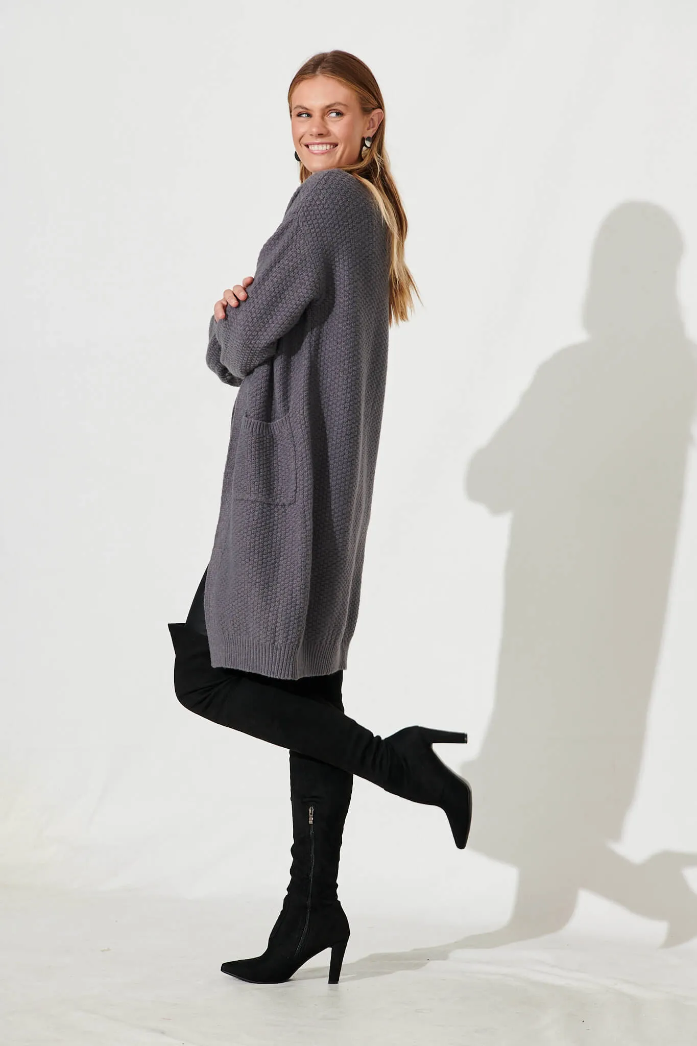 Arvon Knit Cardigan In Dark Grey Wool Blend sold by St Frock product image thumbnail 4