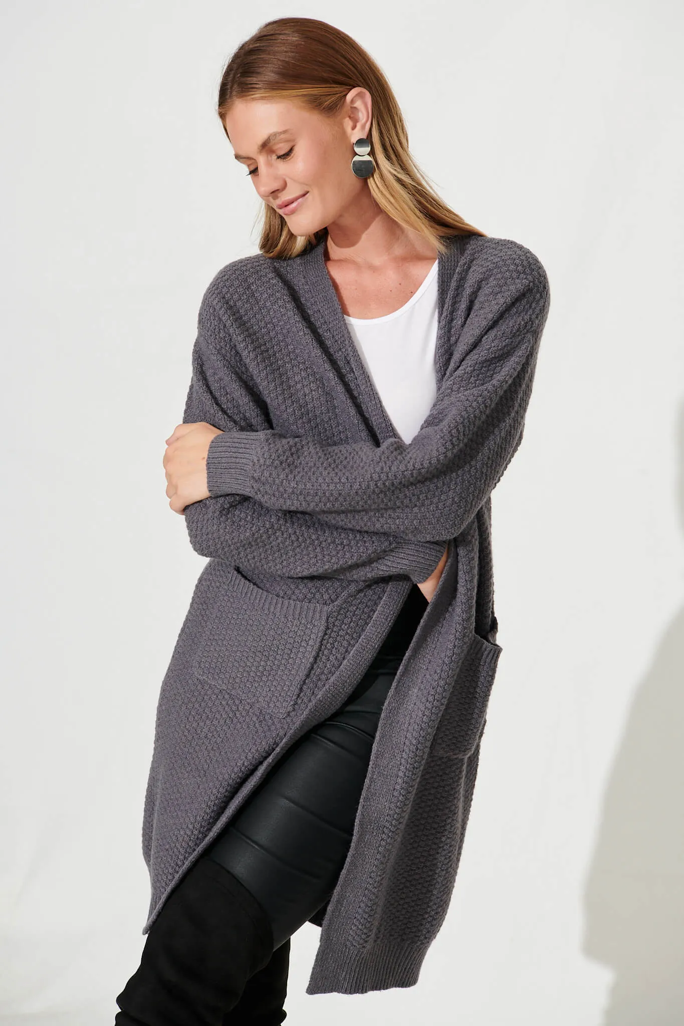 Arvon Knit Cardigan In Dark Grey Wool Blend sold by St Frock product image thumbnail 2