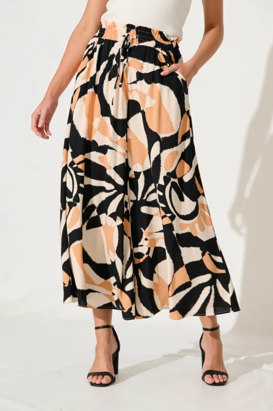 Mariah Petite Pant In Black With Coffee Abstract Print sold by St Frock