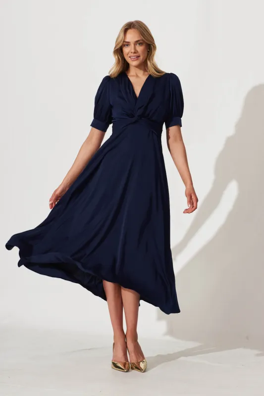Classical Midi Dress In Navy Satin sold by St Frock